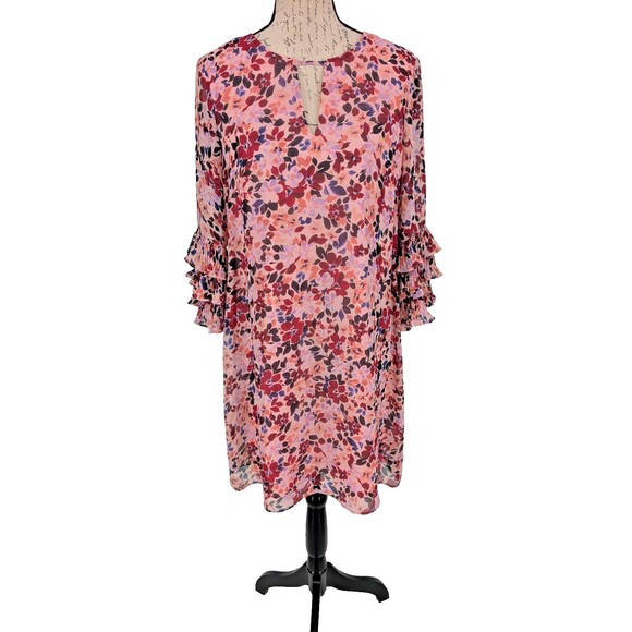 VINCE CAMUTO Dress Size 10 PINK Multi Floral Triple Ruffles Sleeves Boho Sheath - Picture 1 of 13